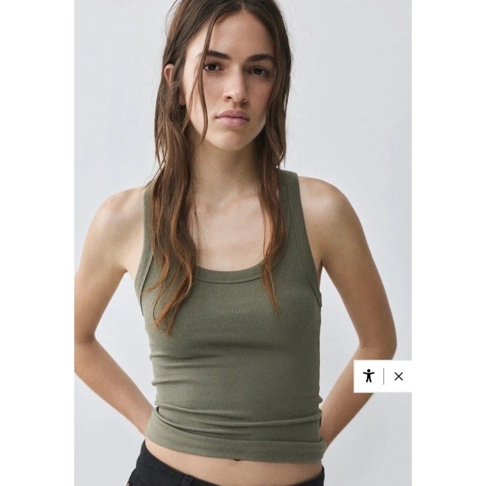 Pull&Bear Ribbed Green Tank Top S Round Neck Sleeveless